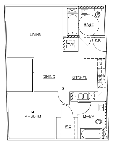 Floor plan for 2 beds, 2 baths, 741 sqft